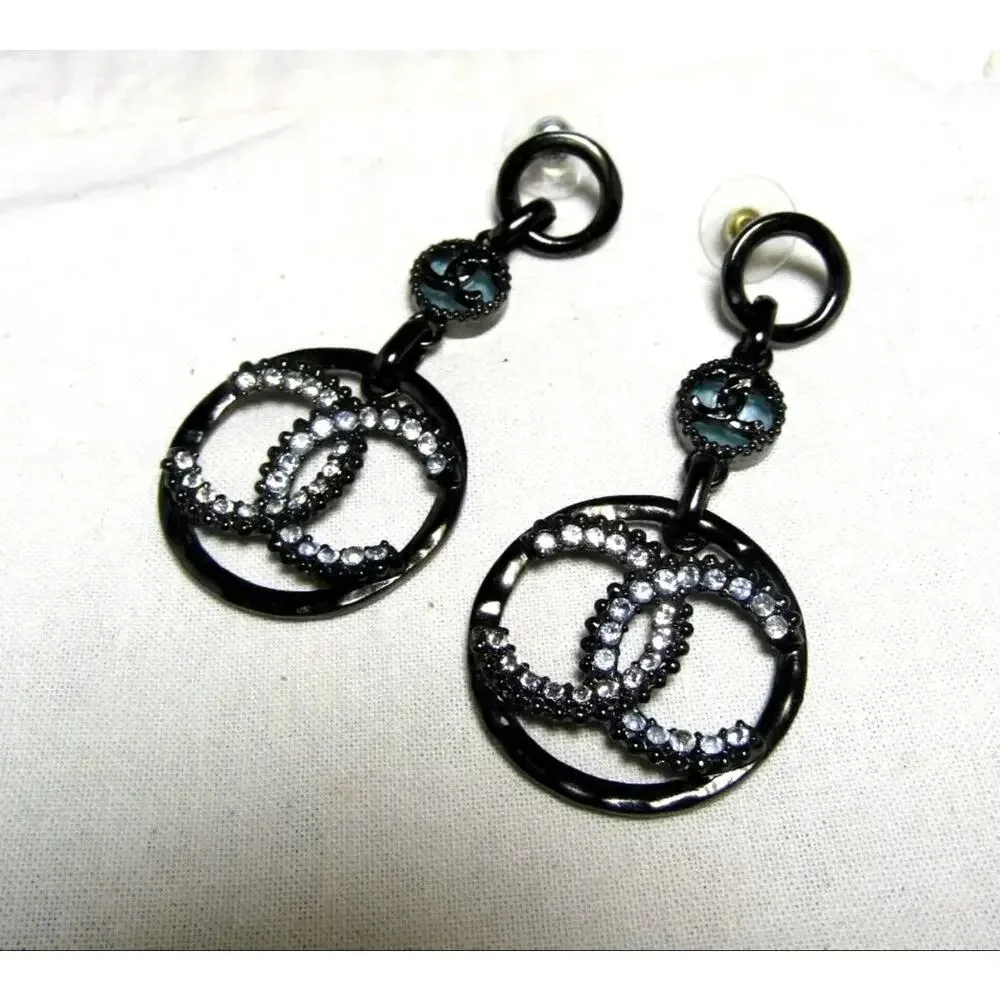 Chanel C19 Crystal CC Logo Black Metal Dangle Drop Earrings